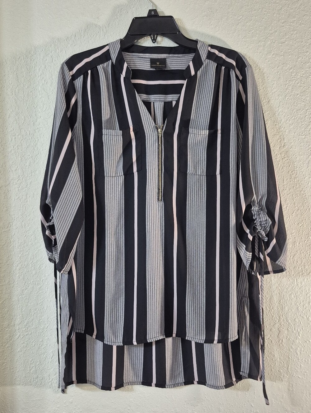 Worthington Black & Light Pink Striped Zip-Front Tunic